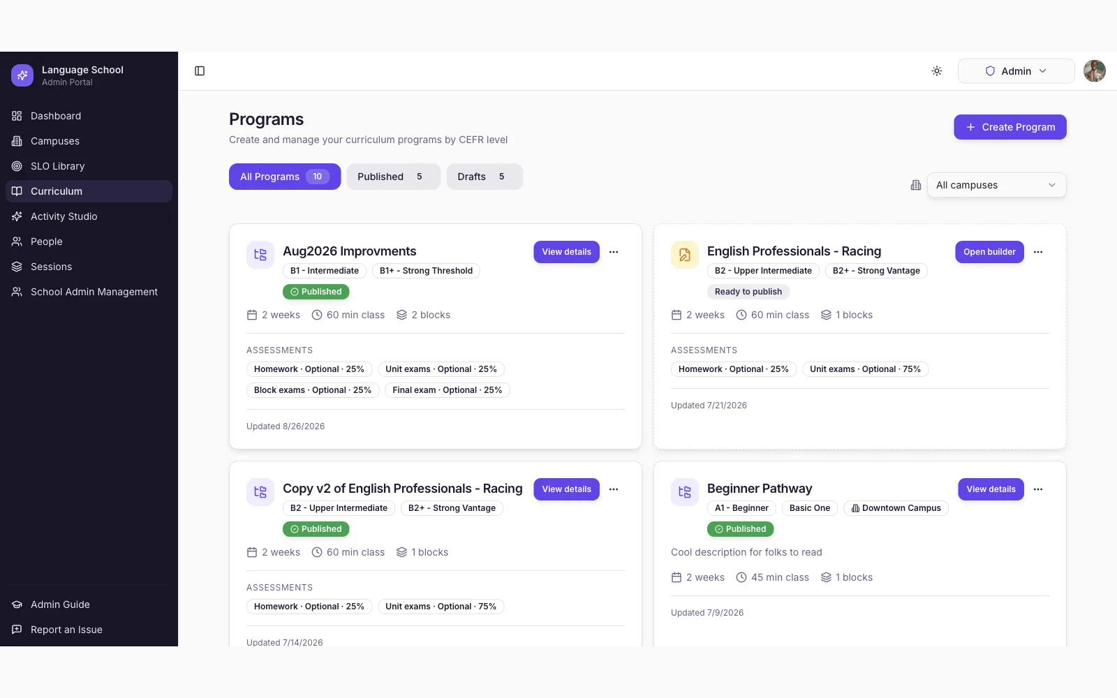Lexen admin dashboard for managing campuses, curriculum, teachers, and students