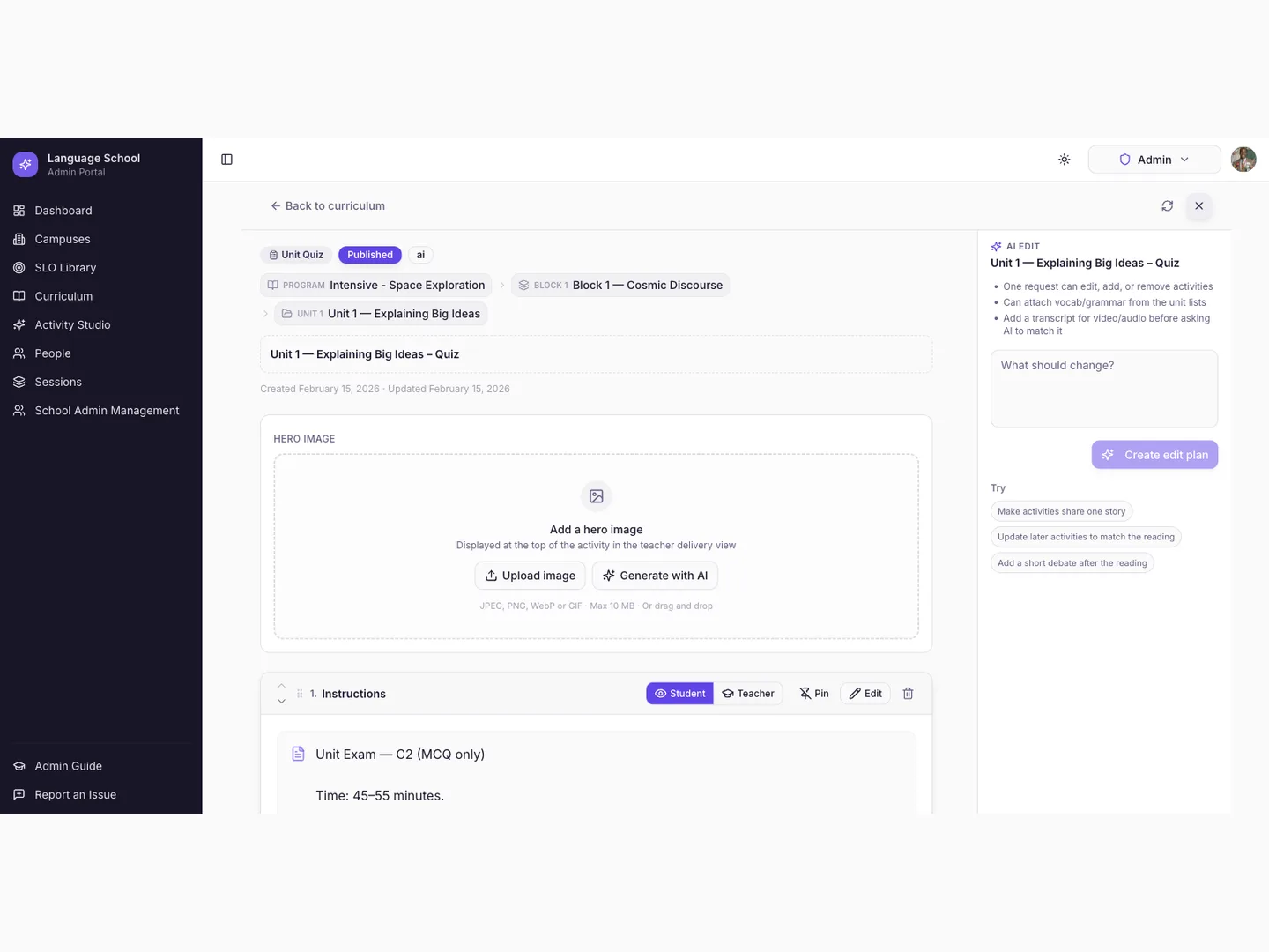 Lexen AI generation interface drafting lesson content for teacher review