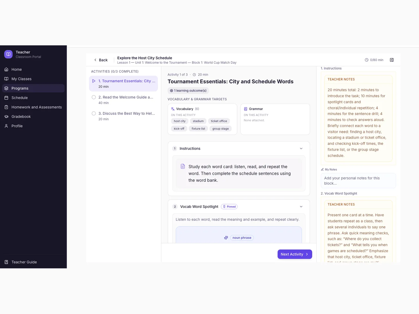 Lexen lesson builder showing a lesson's structure and its activities
